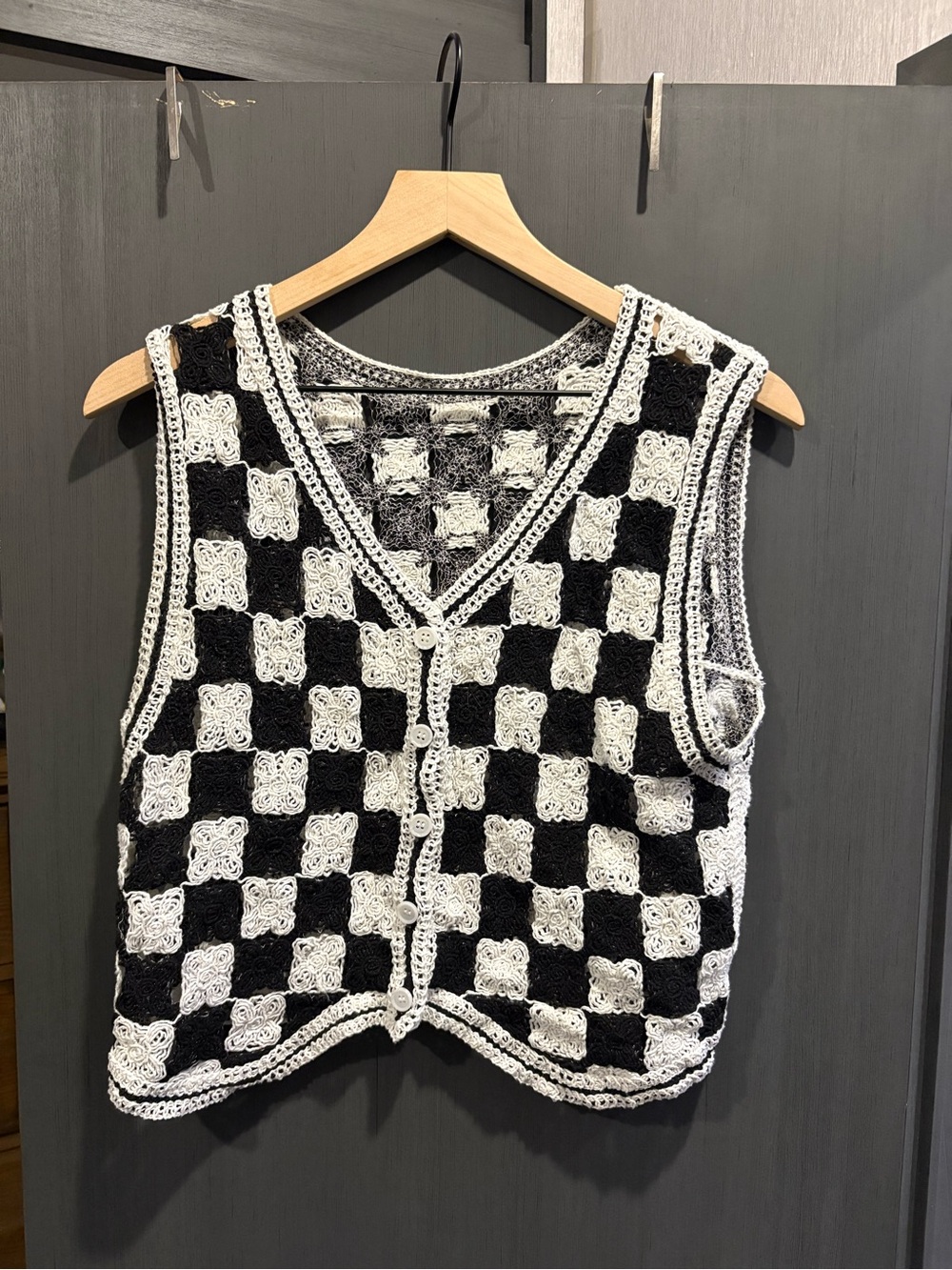 Checkerboard Crochet Vest - Black & White
